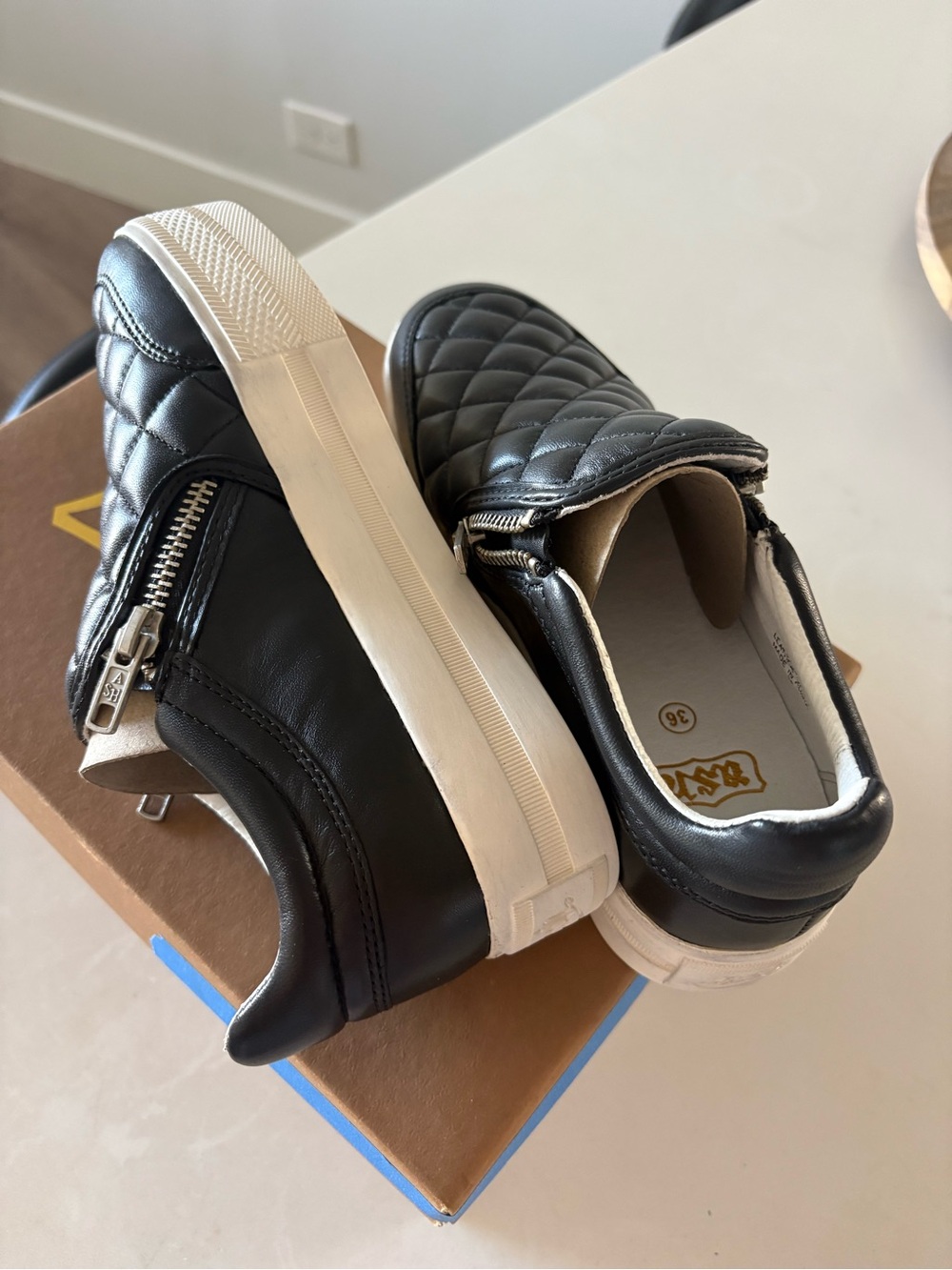 Ash Quilted Black Leather Slip-On Sneakers with Side Zipper